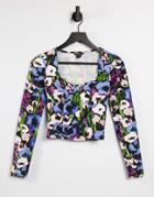 Monki Vinnie Organic Cotton Long Sleeve Seam Top In Blue Poppy Print-blues