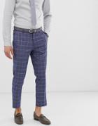 Asos Design Wedding Skinny Crop Suit Pants In Linen Blue Check - Blue