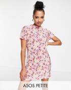 Asos Design Petite Exclusive Plisse Mini T-shirt Dress In Pink Ditsy Floral-multi