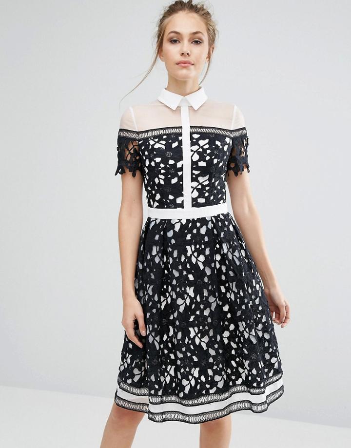 Chi Chi London Premium Lace Paneled Dress With Contrast Collar - Black