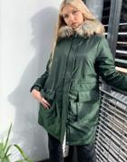 Pieces Parka With Faux Fur Hood In Khaki-green