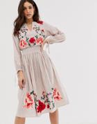 Asos Design Floral Embroidered Midi Dress - Beige
