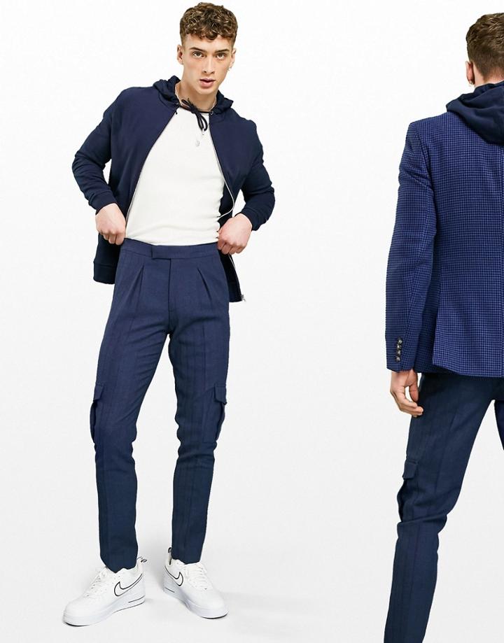 Asos Design Skinny Cargo Wool Mix Smart Pants In Navy Herringbone