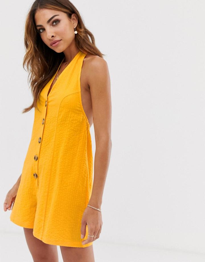 Asos Design Halter Neck Button Through Romper In Self Stripe-yellow