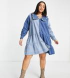 Neon Rose Plus Mini Smock Dress In Mixed Denim-blues