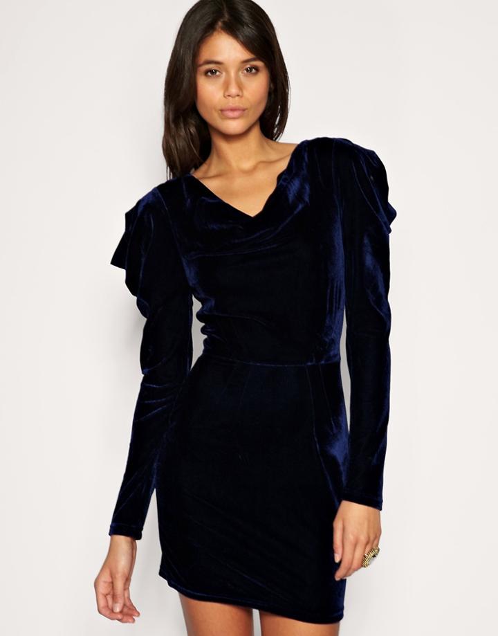Asos Velvet Ruched Sleeve Dress - Blue