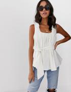 Asos Design Square Neck Top In Linen With Tie Waist - White