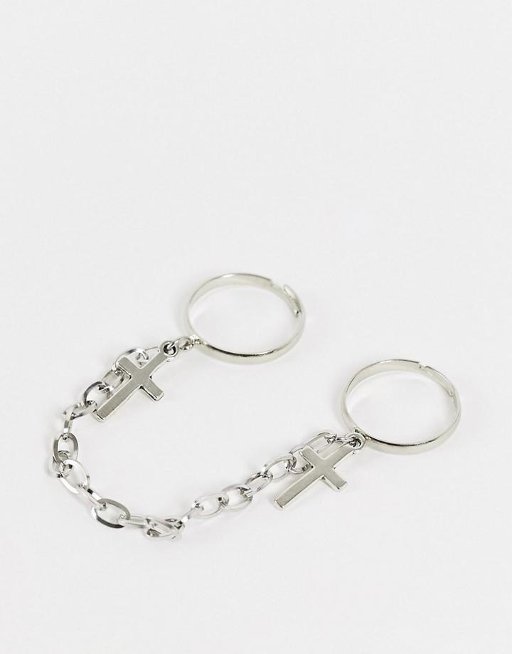 Svnx Double Chain Ring With Cross Details-silver