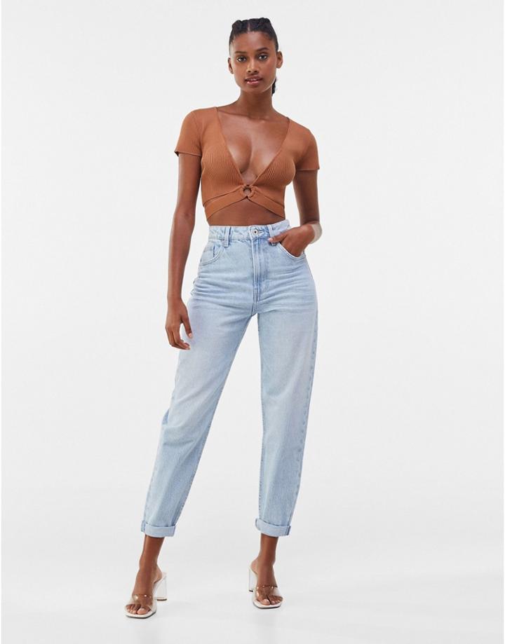 Bershka Knit Crop Top With V-neck And Cut-out Detail In Brown