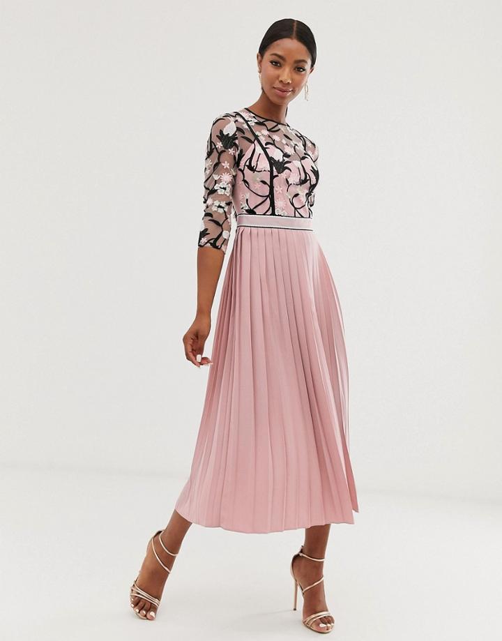 Little Mistress Lace Embroidered Top 3/4 Sleeve Midi Dress With Pleated Skirt In Rose - Pink