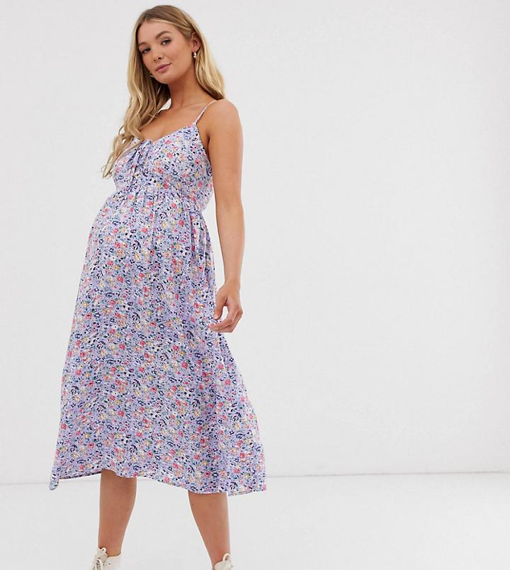New Look Maternity Tie Front Midi Dress In Purple Floral Print - Purple