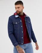 Boohooman Checked Fleece Lined Denim Jacket In Blue - Blue