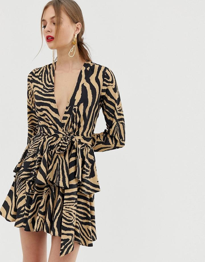 John Zack Plunge Front Skater Dress In Zebra Print-multi