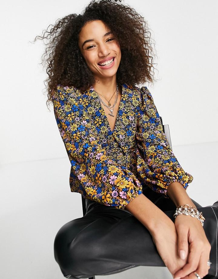 Topshop Recycled Floral Print Dropped Collar Blouse In Blue-blues