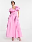 Vila Maxi Dress With Frill Detail In Pink