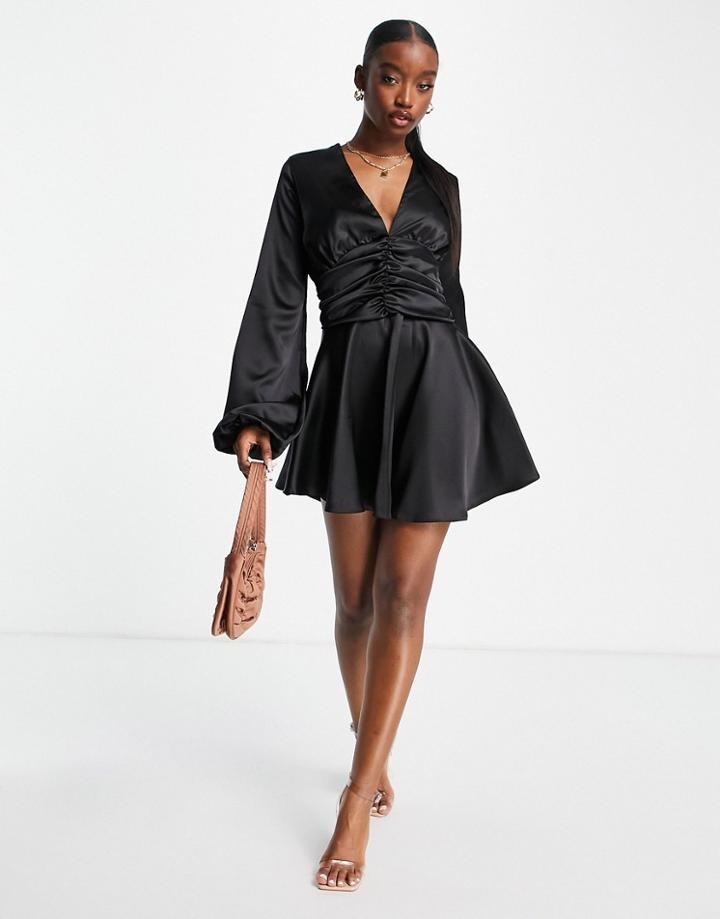 John Zack Satin Mini Skater Dress In Black