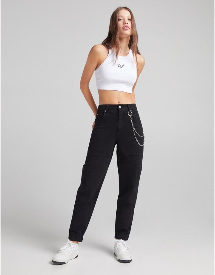 Bershka Chain Detail Cuffed Cargo Pant In Black