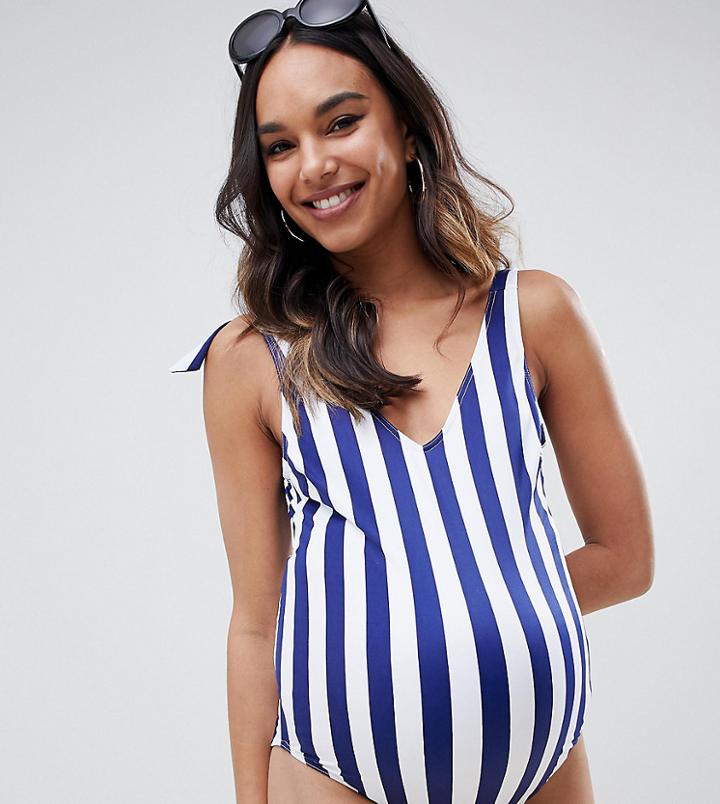 Asos Design Maternity Recycled Bunny Tie Shoulder Swimsuit In Stripe - Multi