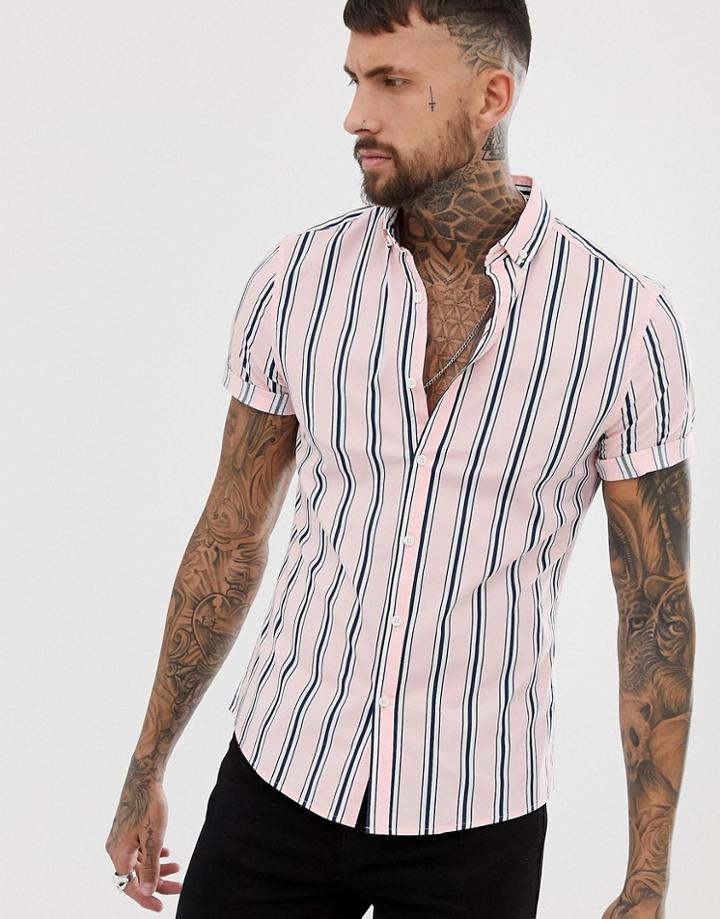 Asos Design Skinny Fit Shirt In Pink And Navy Stripe - Pink