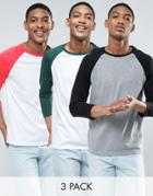 Asos 3 Pack Long Sleeve T-shirt With 3/4 Contrast Raglan Sleeves Save - Multi