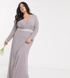 Tfnc Plus Bridesmaids Long Sleeve Bow Back Maxi Dress In Gray-grey