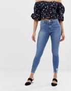River Island Molly Skinny Jeans With Raw Hem In Mid Wash-blue
