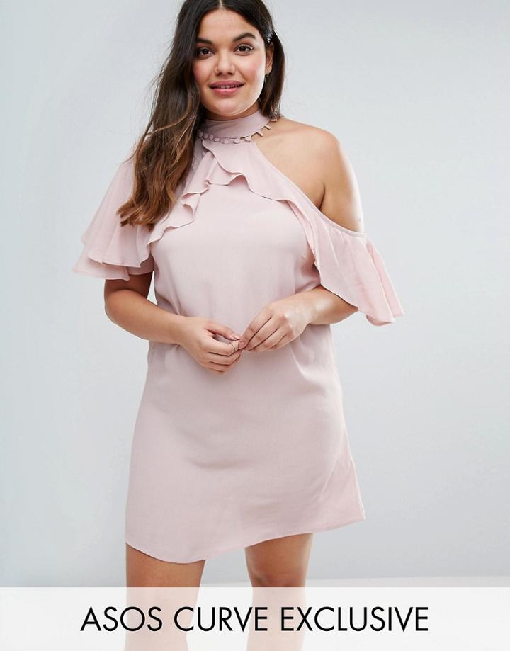 Asos Curve Ruffle Cold Shoulder Dress With Button Detail - Multi