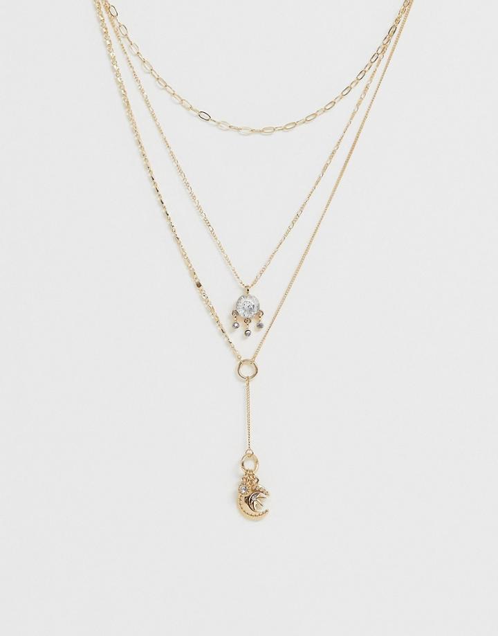 Asos Design Multirow Necklace With Celestial Charms And Delicate Lariat Profile In Gold