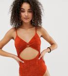 Warehouse Swimsuit With Ring Detail In Rust - Orange