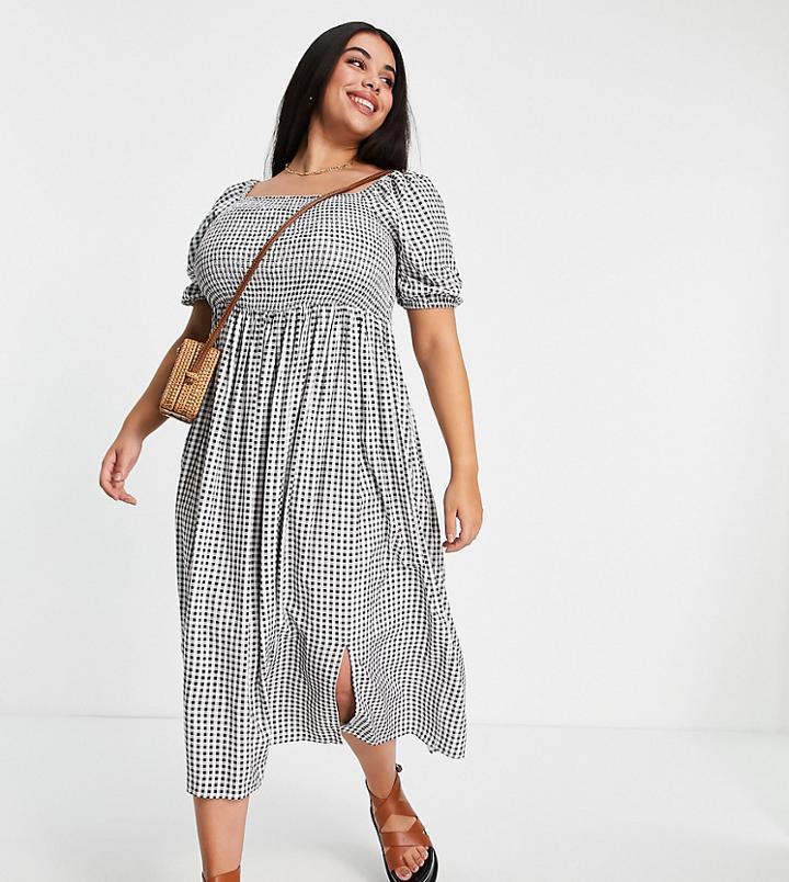 Yours Puff Sleeve Shirred Detail Midi Dress In Black & White Gingham