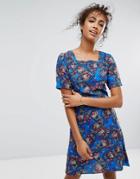 Trollied Dolly Square Neck Floral Dress - Blue