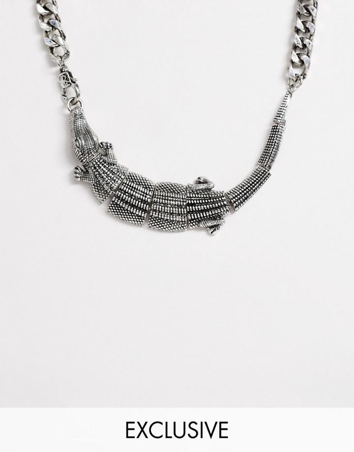 Reclaimed Vintage Inspired Crocodile Detail Short Neckchain In Burnished Silver Tone Exclusive To Asos