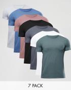 Asos 7 Pack Muscle T-shirt With Crew Neck - Multi