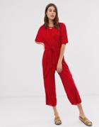 Asos Design Plisse Tie Front Culotte Jumpsuit-red