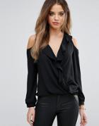 Lipsy Wrap Front Ruffle Blouse With Cold Shoulder - Black