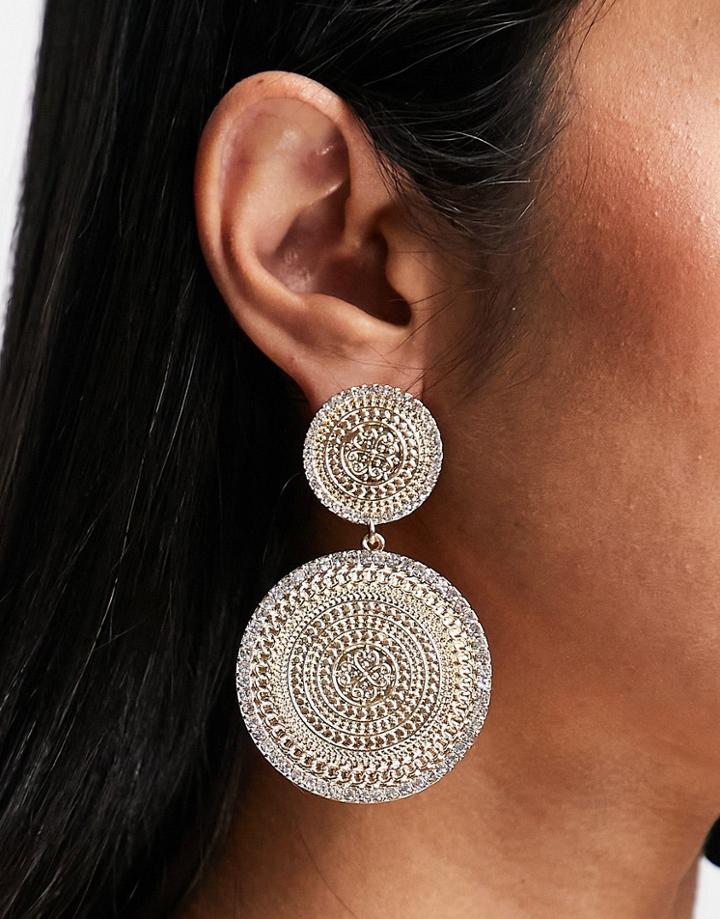 Asos Design Drop Earrings With Medallion Drop With Clear Crystal In Gold Tone