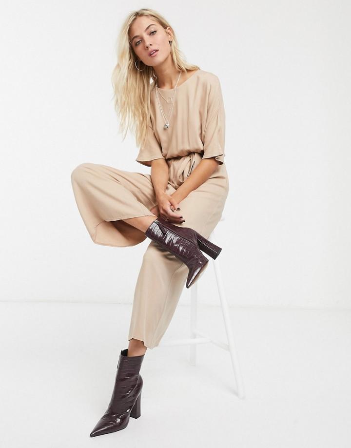 Asos Design Tie Waist Jumpsuit In Stone-neutral