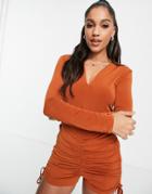 First Distraction The Label Ruched Mini Romper In Brown