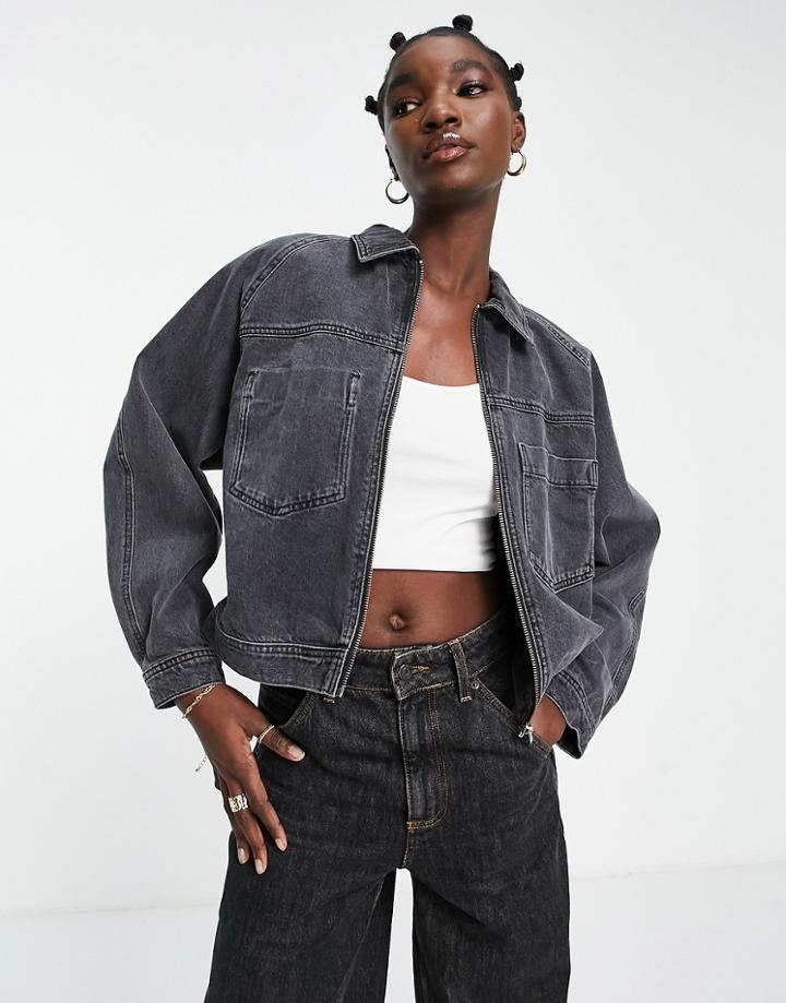 Topshop Boxy Crop Denim Jacket In Washed Black