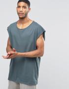 Asos Super Oversized Sleeveless T-shirt With Raw Edge And Scoop Neck In Slate - Murky