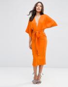 Asos Kimono Deep Plunge Midi Dress - Orange