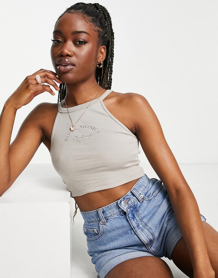 Stradivarius Santa Monica Embroidered Tank Top In Stone-neutral