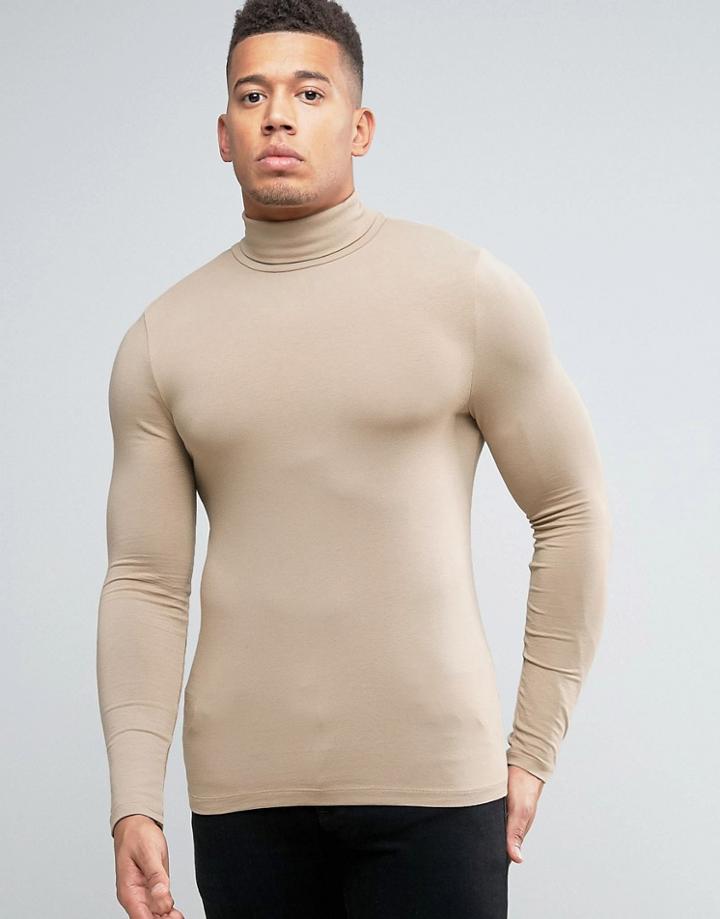 Asos Extreme Muscle Long Sleeve T-shirt With Roll Neck In Beige - Beig