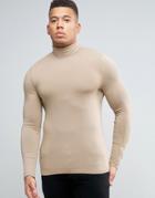 Asos Extreme Muscle Long Sleeve T-shirt With Roll Neck In Beige - Beig