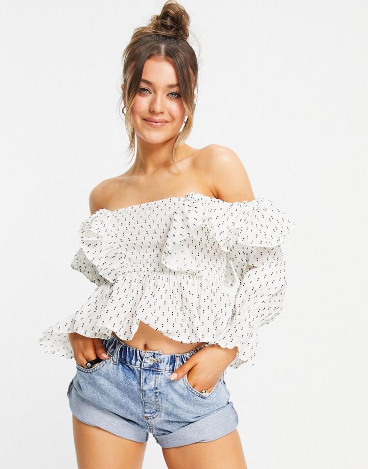 Asos Design Square Neck Shirred Top With Ruffles In Textured In White-multi