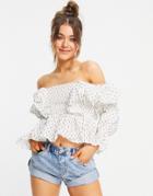 Asos Design Square Neck Shirred Top With Ruffles In Textured In White-multi