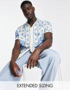 Asos Design Relaxed Revere Satin Shirt With Floral Border Print-white