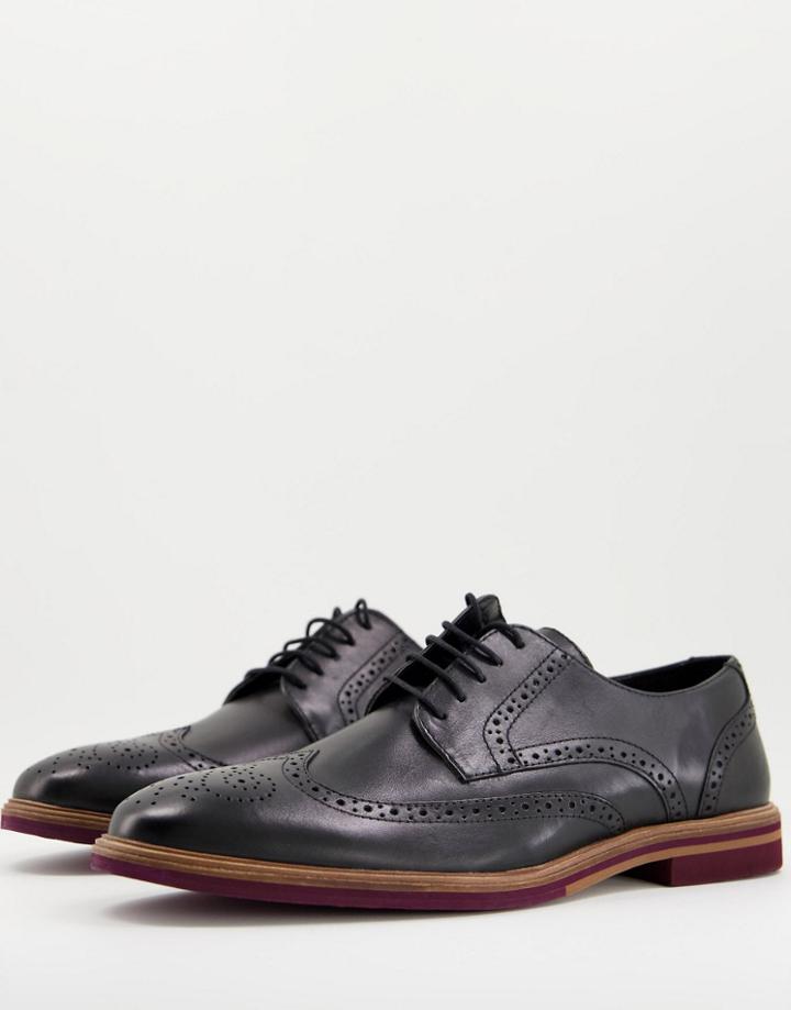 Asos Design Leather Brogue In Black Leather With Contrast Sole