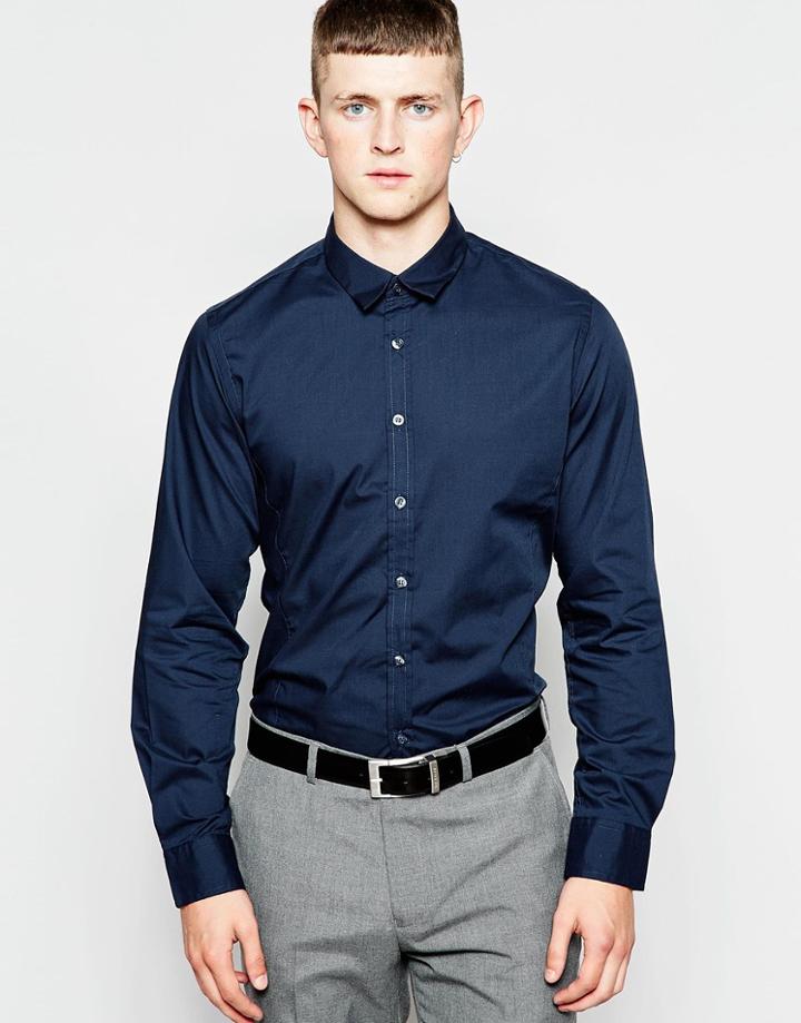 Brave Soul Plain Formal Shirt With Contrast Neck - Navy