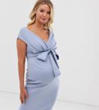 Asos Design Maternity Fallen Shoulder Midi Pencil Dress With Tie Detail - Blue